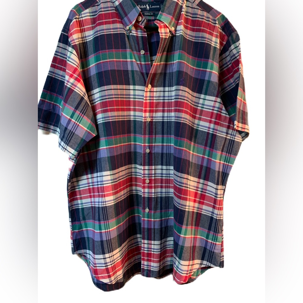 Ralph Lauren Mens Classic Fit Button Shirt Shor Sleeve Red Purple Plaid Large XL